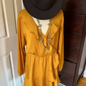Express Mustard Yellow V Neck Wrap Dress